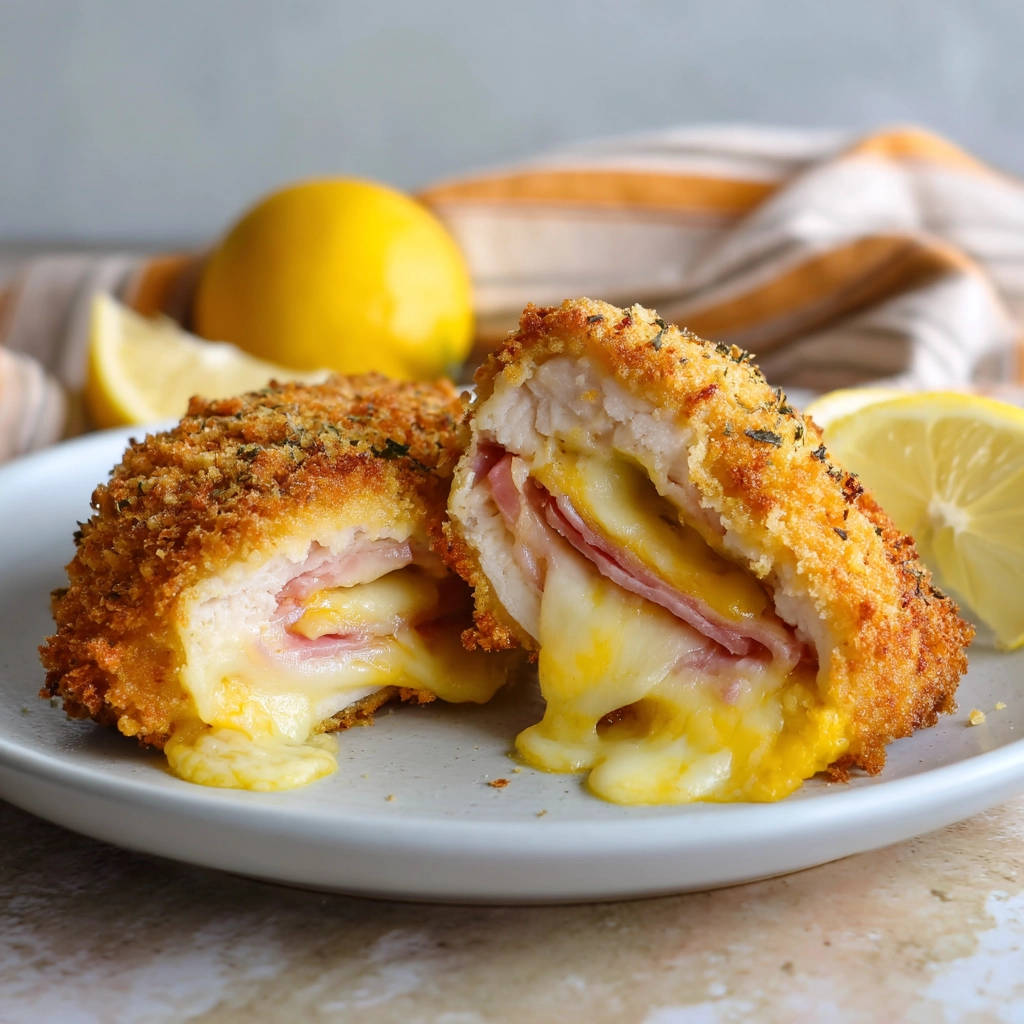 Hähnchen Cordon Bleu angeschnitten mit geschmolzenem Käse und Schinken, serviert auf einem Teller mit Zitronenspalten.