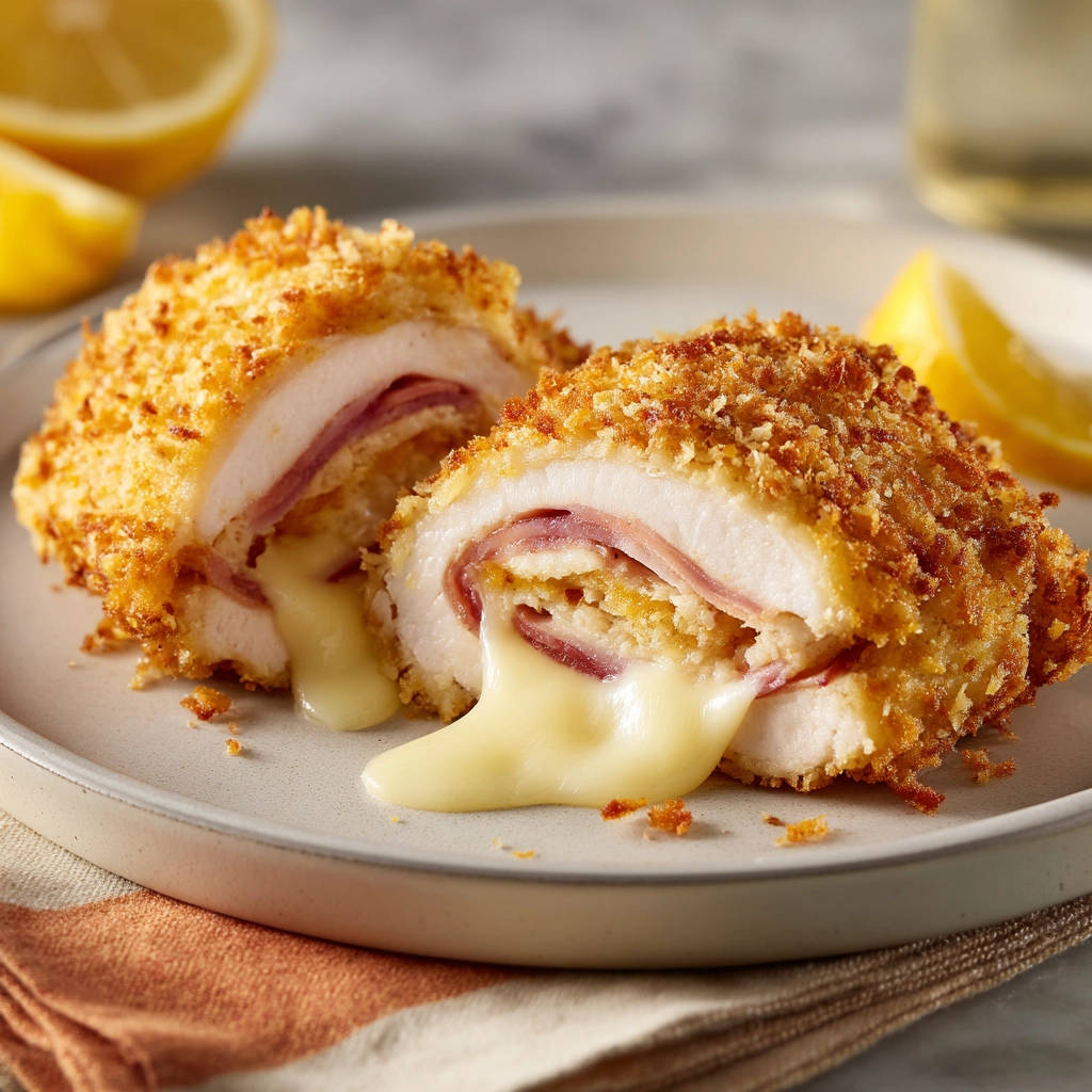 Hähnchen Cordon Bleu angeschnitten mit geschmolzenem Käse und Schinken, garniert mit Zitronenspalten.