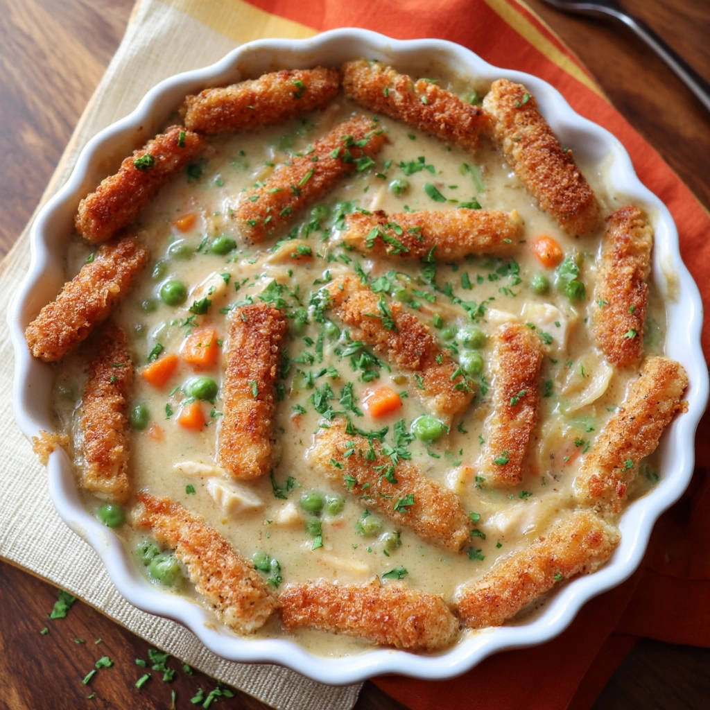 Hähnchen-Gemüse-Topf mit knusprigen Sticks, die nahaufnahme zeigt die goldbraunen Sticks auf dem cremigen Gemüse-Hähnchen-Eintopf.