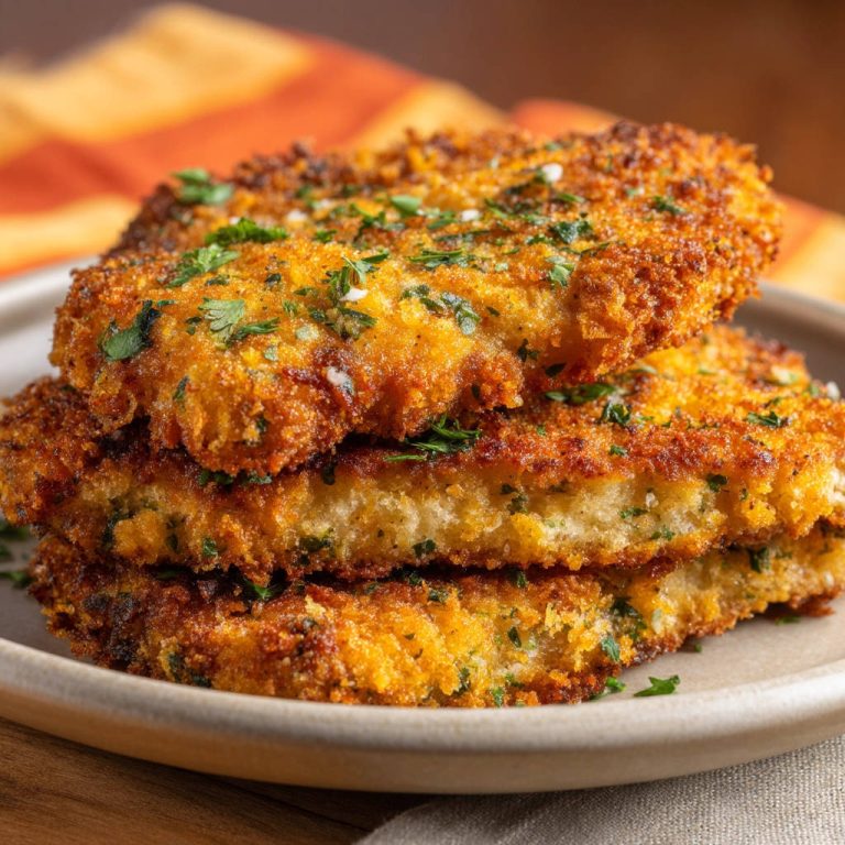 Hähnchen- oder Putenschnitzel im Querschnitt, garniert mit frischer Petersilie und perfekt knuspriger Panade.