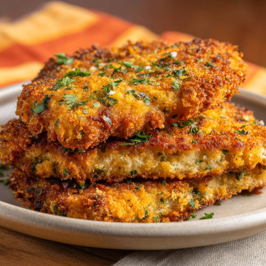 Hähnchen- oder Putenschnitzel im Querschnitt, garniert mit frischer Petersilie und perfekt knuspriger Panade.