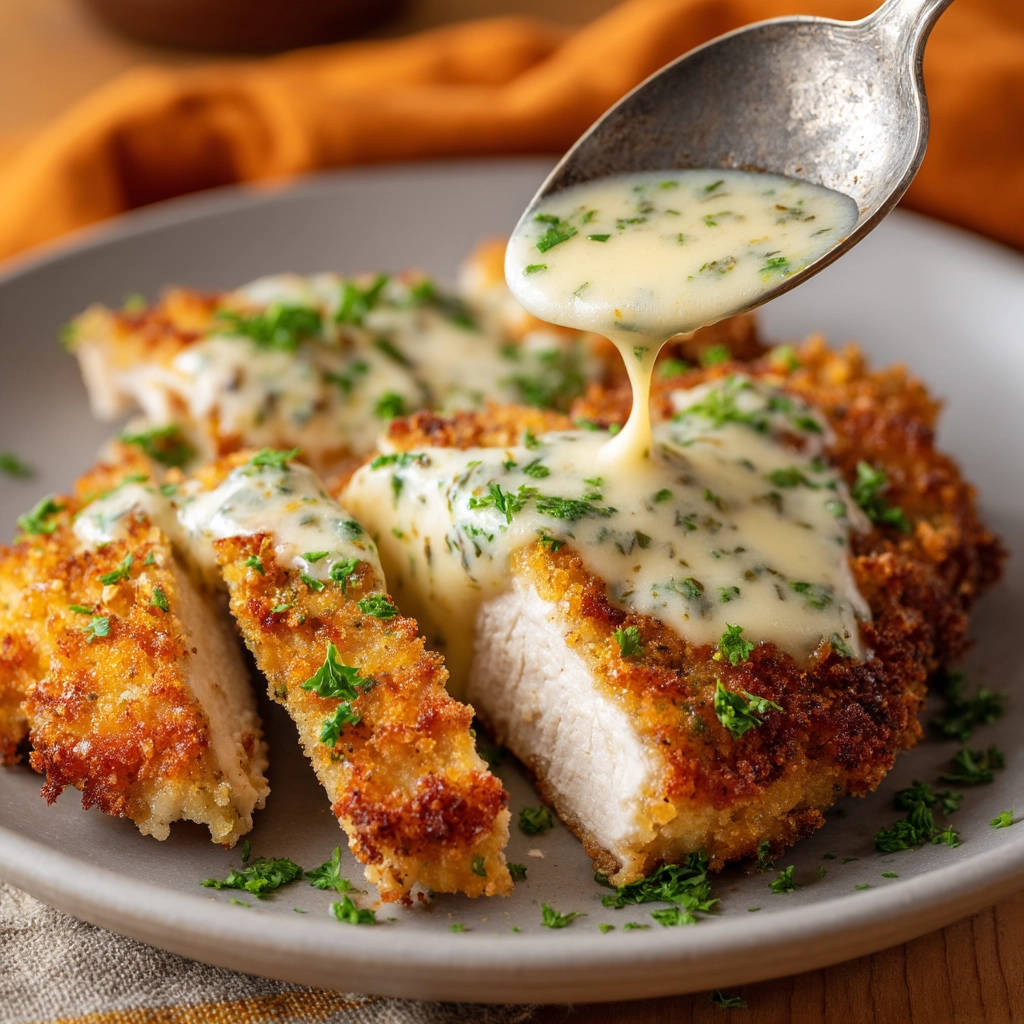 Hähnchen Schnitzel mit Rahmsauce, ein saftiges Stück wird mit cremiger Sauce übergossen und mit Petersilie garniert.