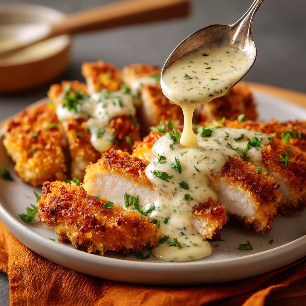 Hähnchen Schnitzel mit Rahmsauce, das knusprige Schnitzel wird mit cremiger Sauce übergossen und mit Petersilie garniert.