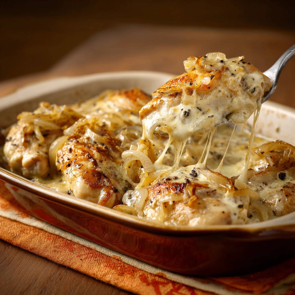 Hähnchen-Zwiebel-Käse-Gratin mit geschmolzenem Käse, das von einer Gabel gezogen wird