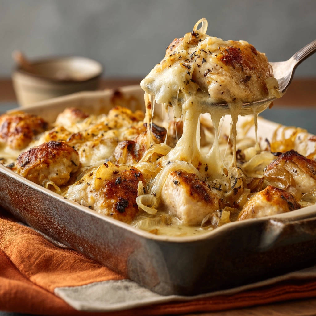 Hähnchen-Zwiebel-Käse-Gratin mit herrlich ziehendem Käse auf einem Löffel, das die Saftigkeit des Hähnchens zeigt.