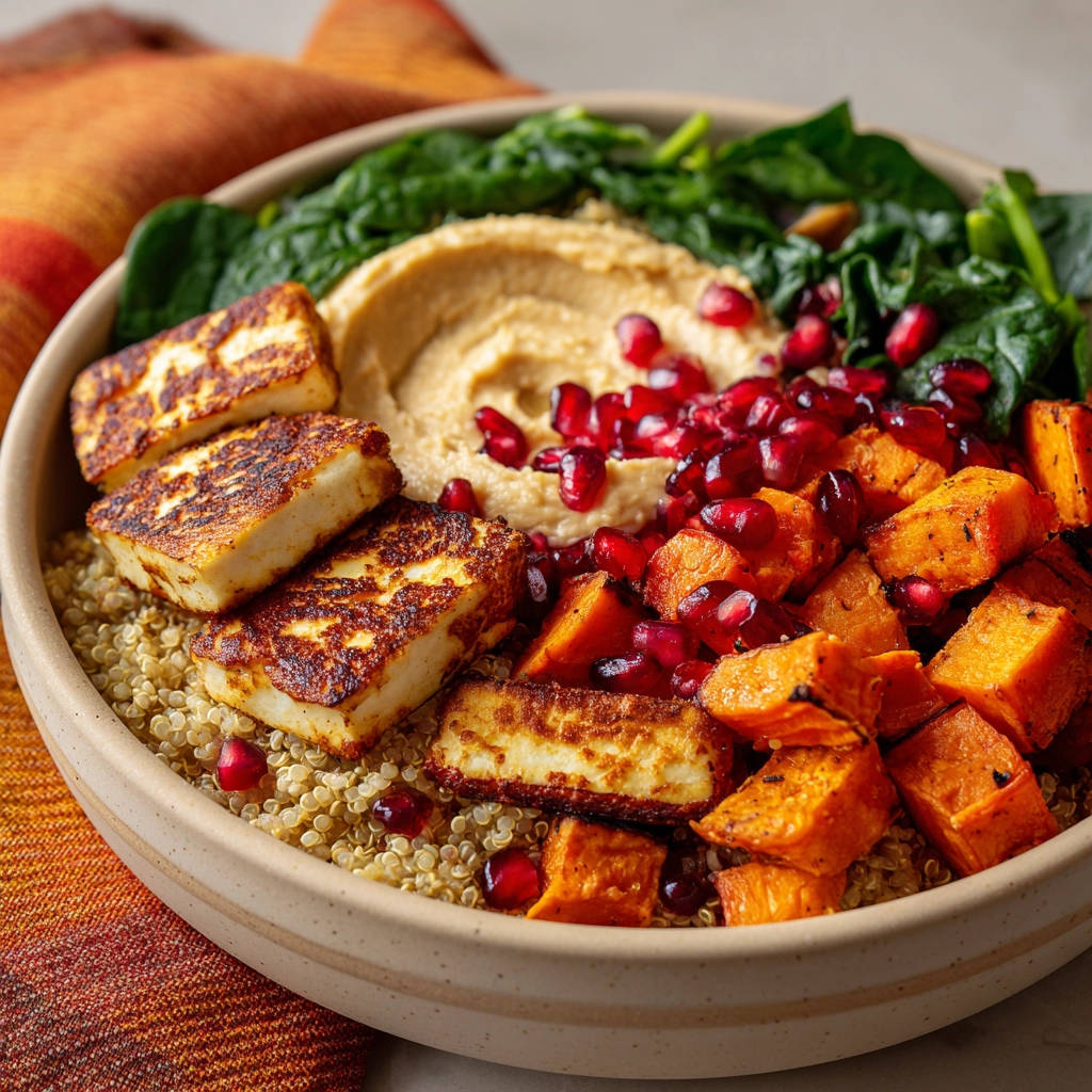 Halloumi Bowl mit Süßkartoffel und Quinoa, garniert mit Granatapfelkernen und Hummus, aus der Vogelperspektive.
