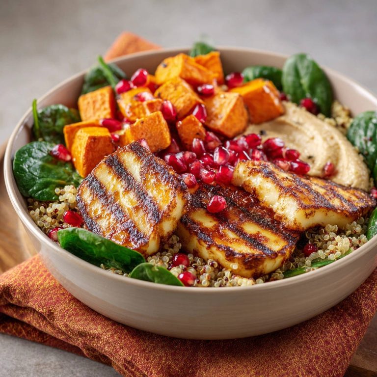 Halloumi Bowl mit Süßkartoffel und Quinoa, Nahaufnahme der gegrillten Halloumi-Scheiben mit Granatapfelkernen und Süßkartoffelwürfeln.
