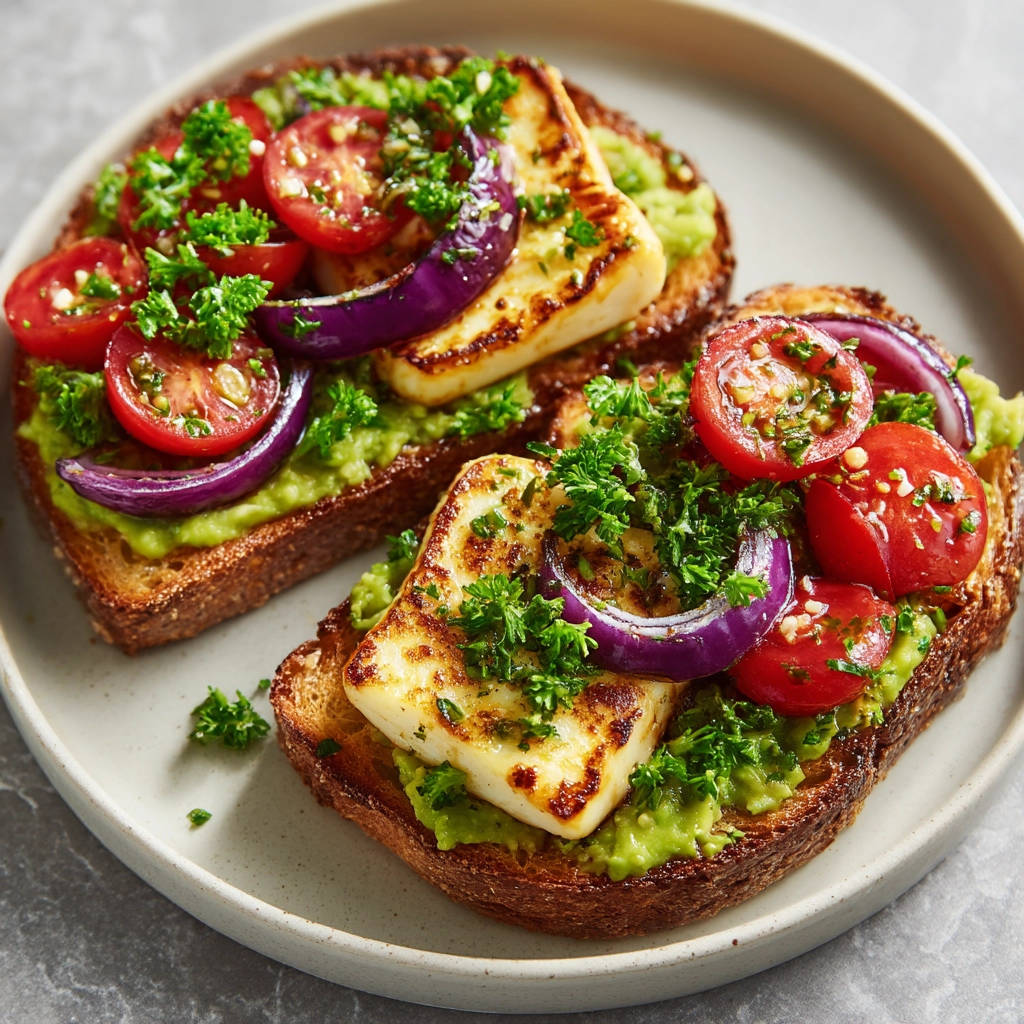 Halloumi Toast mit Avocado & Tomaten, garniert mit frischer Petersilie und roter Zwiebel auf geröstetem Brot.