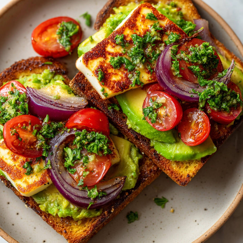 Halloumi Toast mit Avocado & Tomaten, im Detail mit frischer Kräutergarnitur auf geröstetem Brot serviert.