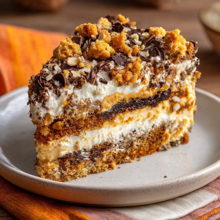 Saftiger Herbst-Schichtkuchen als Anschnitt auf einem Teller, mit Schokoladenstückchen und Streuseln garniert.