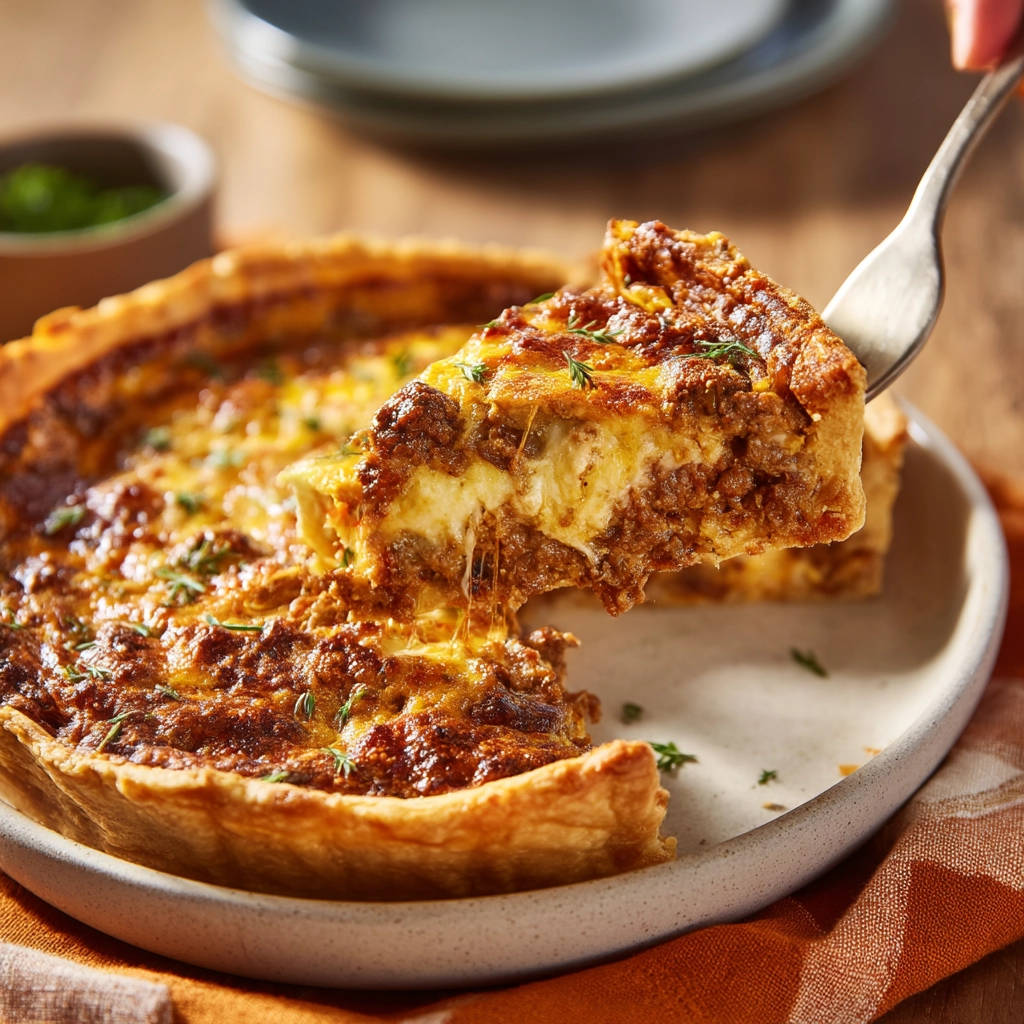 Herzhafte Hackfleisch-Tarte angeschnitten mit einer Gabel, die ein Stück aus der Tarte hebt und die Füllung zeigt.