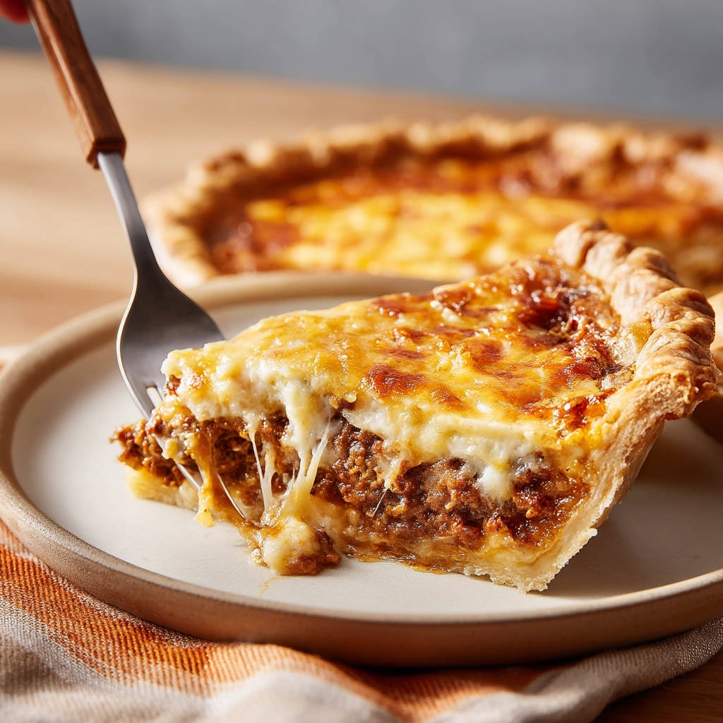 Herzhafte Hackfleisch-Tarte, angeschnitten auf einem Teller, mit geschmolzenem Käse und herzhafter Füllung.