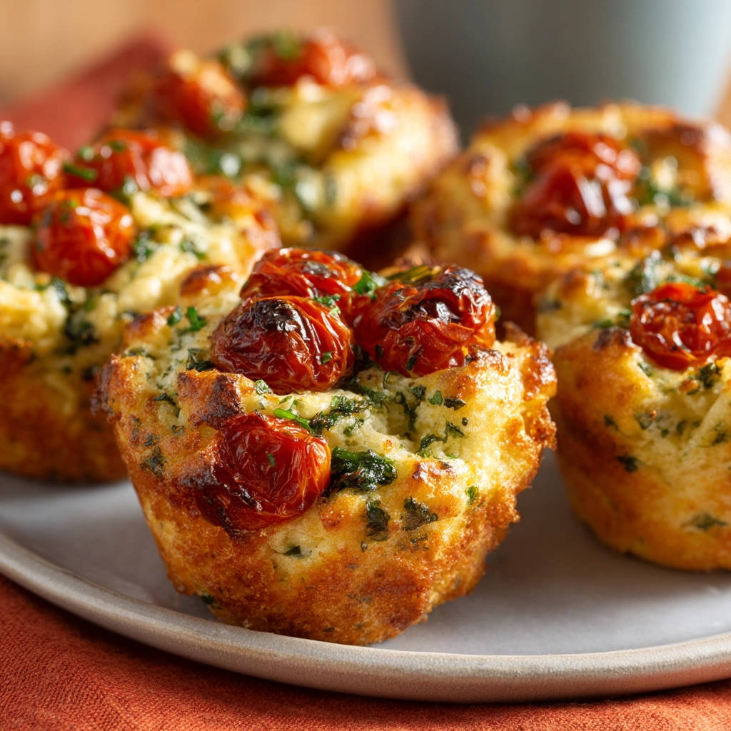 Herzhafte Muffins mit Tomate und Kräutern als Nahaufnahme auf einem Teller, mit gerösteten Tomaten und Kräutern garniert.
