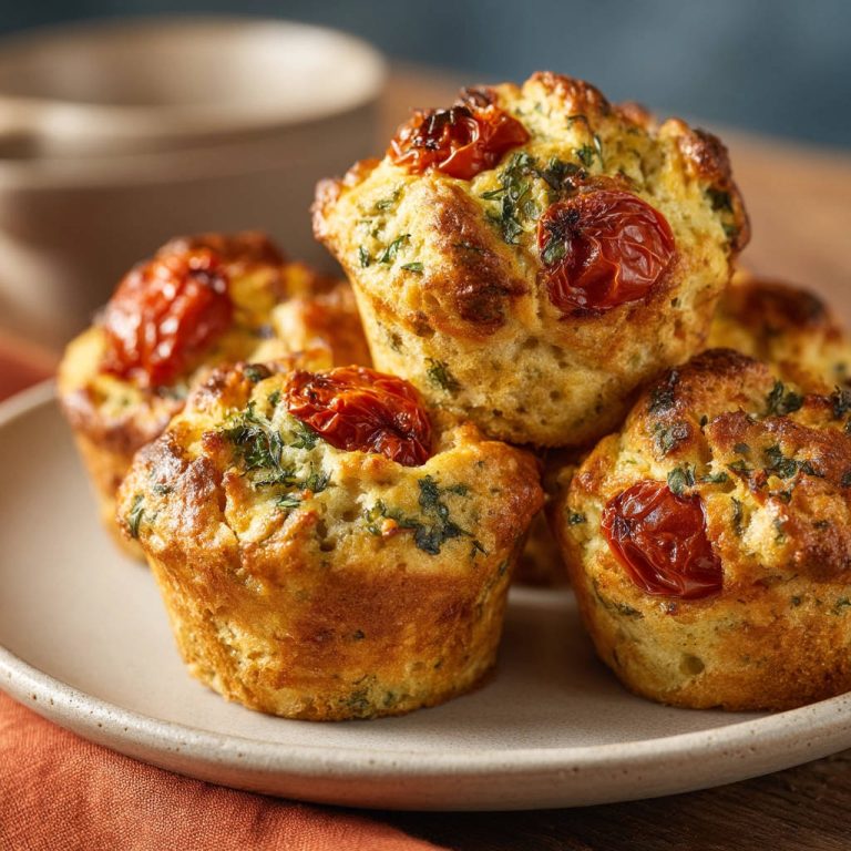 Herzhafte Muffins mit Tomate und Kräutern auf einem Teller, nahaufnahme der saftigen Oberfläche mit Kirschtomaten und Petersilie.