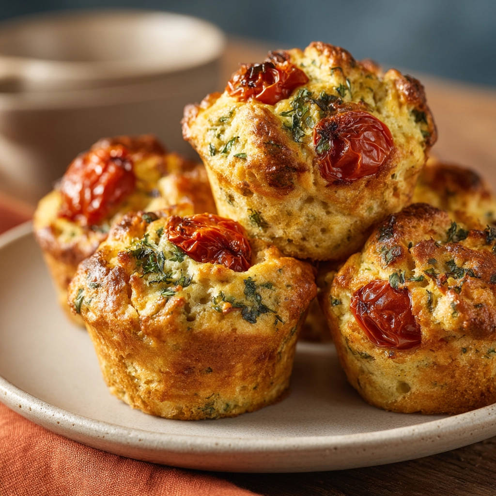 Herzhafte Muffins mit Tomate und Kräutern auf einem Teller, nahaufnahme der saftigen Oberfläche mit Kirschtomaten und Petersilie.