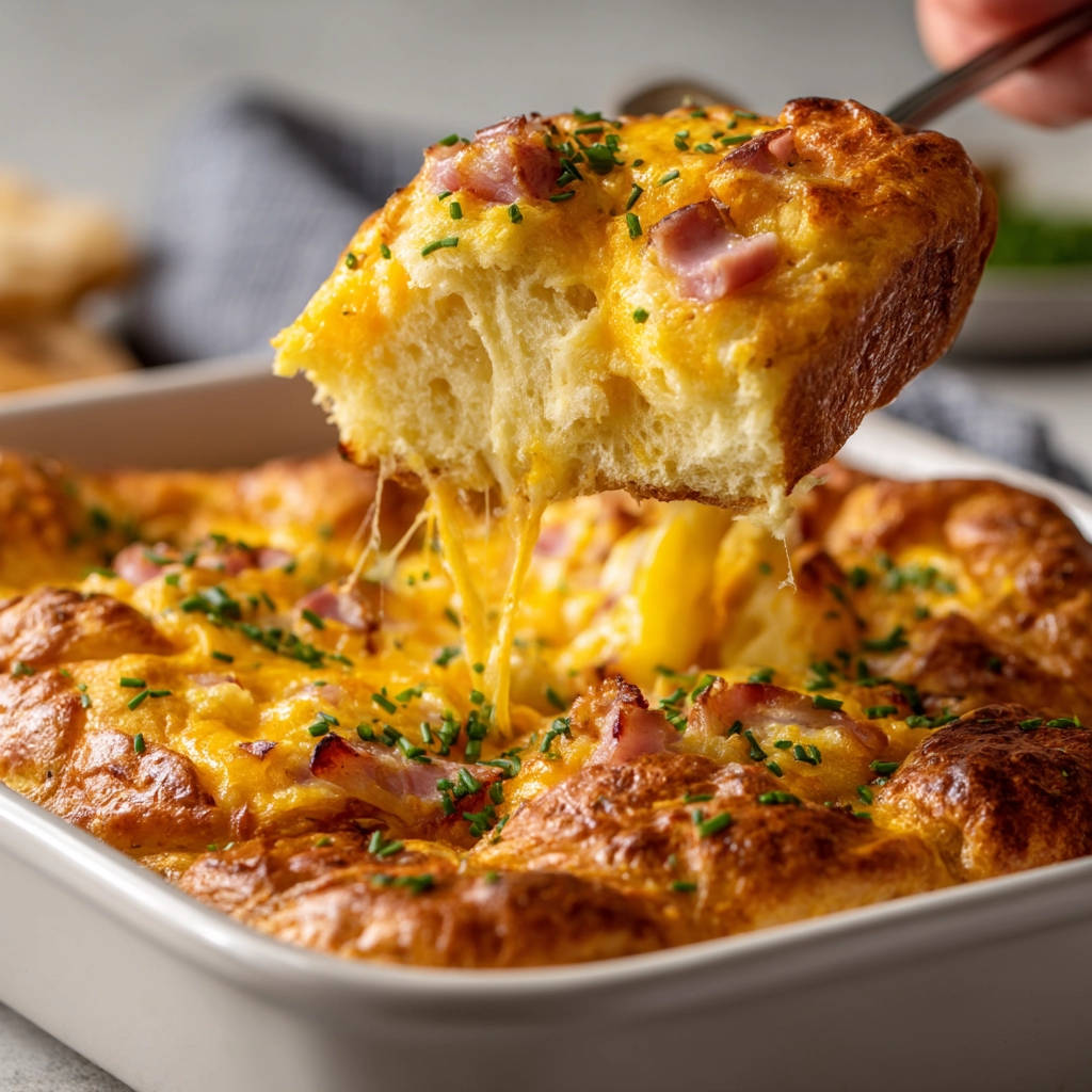 Herzhafter Frühstücks Auflauf angeschnitten, mit geschmolzenem Käse und Speckstückchen, frisch aus dem Ofen.