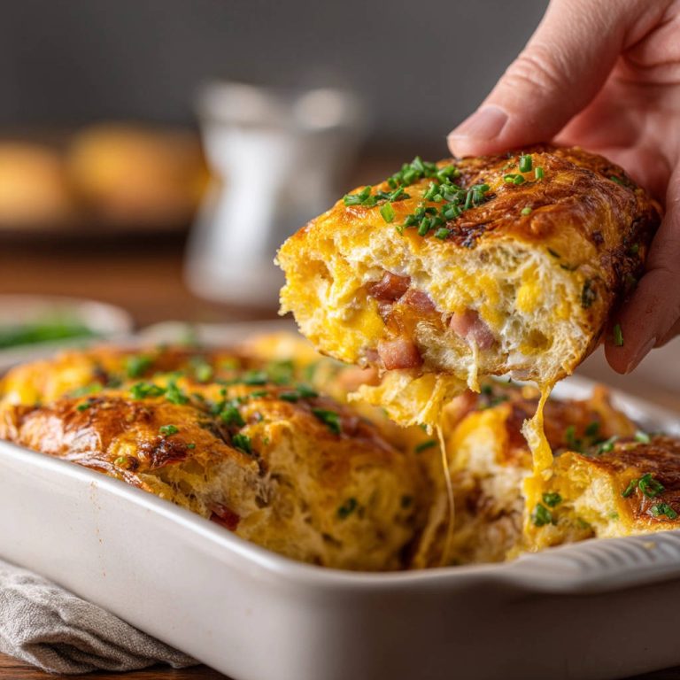 Herzhafter Frühstücks Auflauf angeschnitten, zeigt eine saftige Scheibe mit geschmolzenem Käse und Schinken.