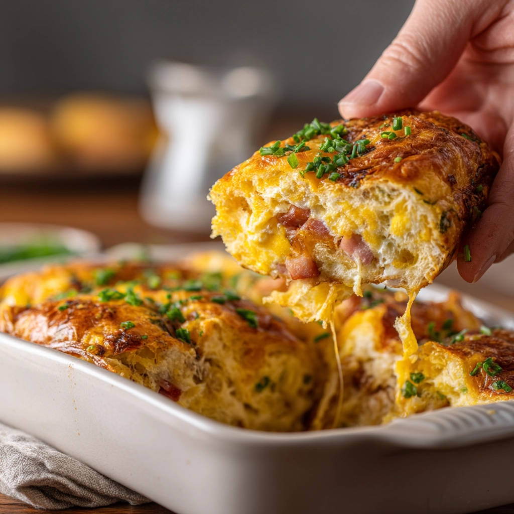 Herzhafter Frühstücks Auflauf angeschnitten, zeigt eine saftige Scheibe mit geschmolzenem Käse und Schinken.