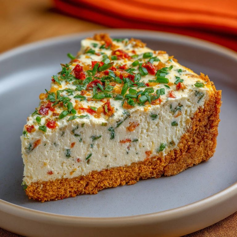 Herzhafter Käsekuchen mit Kräutern und Tomaten, eine Scheibe auf einem Teller angeschnitten mit sichtbarer Textur.