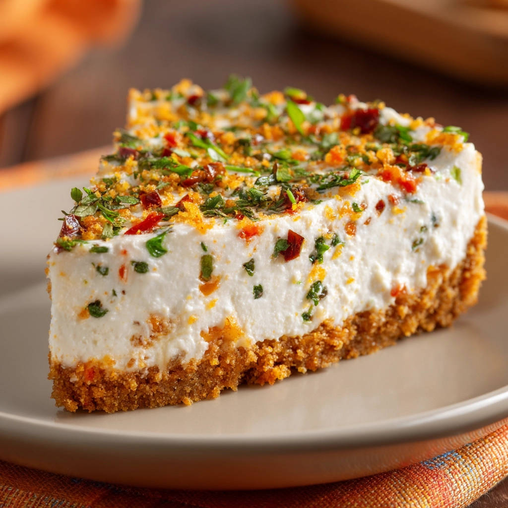 Herzhafter Käsekuchen mit Kräutern und Tomaten, eine Nahaufnahme eines cremigen Stücks auf einem Teller im Querschnitt.