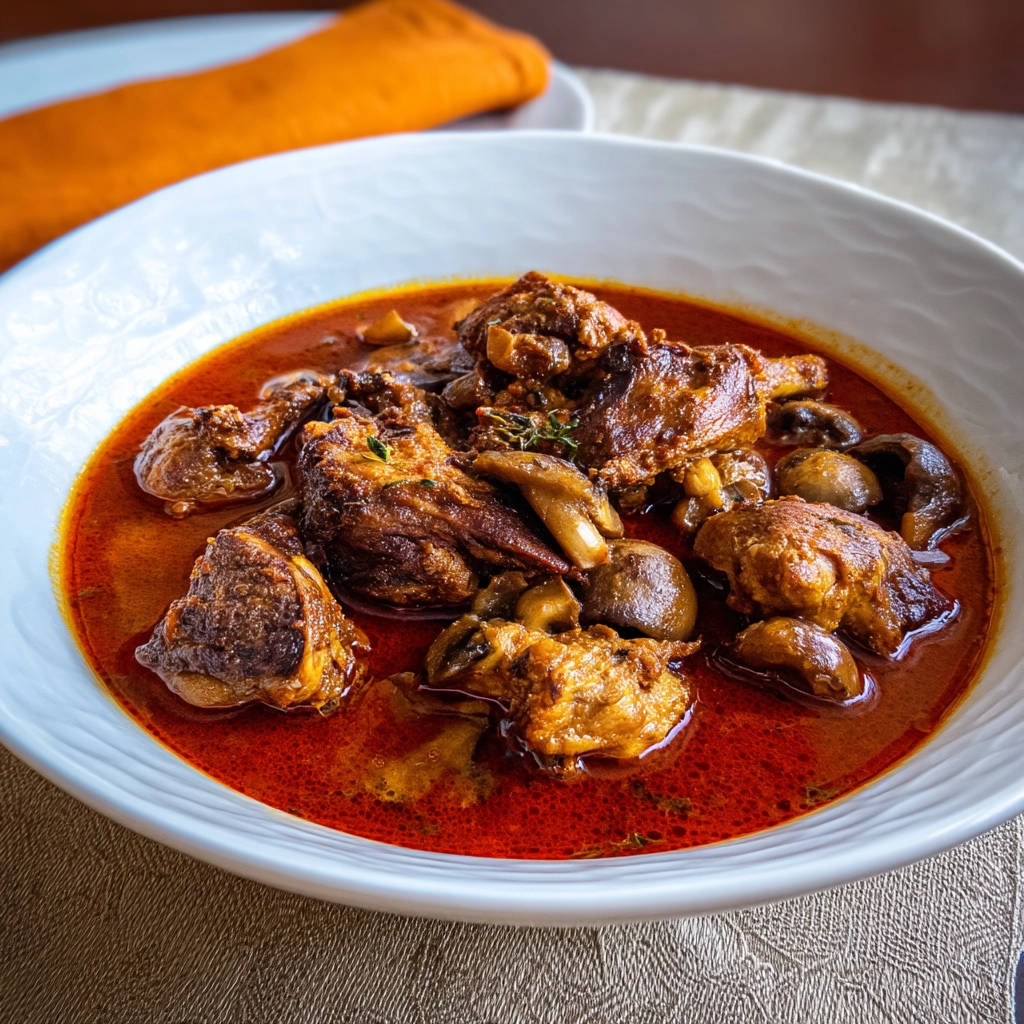 Herzhaftes Rindergulasch mit Pilzen, eine Nahaufnahme des fleischigen Gerichts in einer weißen Schüssel.