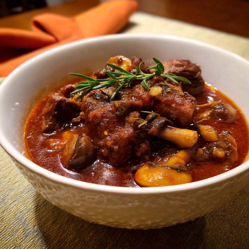 Herzhaftes Rindergulasch mit Pilzen, eine Nahaufnahme mit frischem Rosmarin garniert, in einer weißen Schüssel serviert.