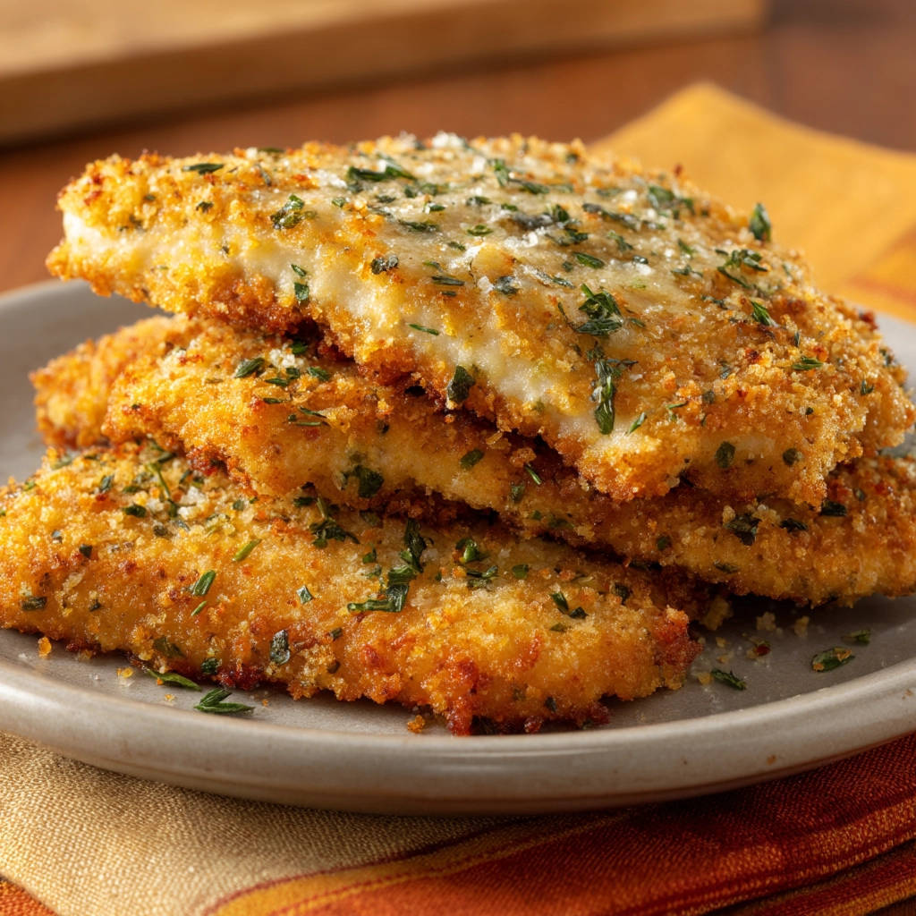 Hähnchen- oder Putenschnitzel mit knuspriger Panade, hier im Detail als Querschnitt mit saftigem Fleisch zu sehen.
