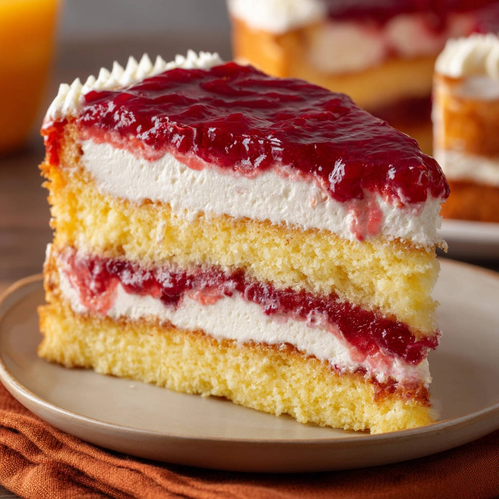 Himbeer-Sahne-Torte angeschnitten auf einem Teller mit saftigem Biskuit und Himbeerfüllung