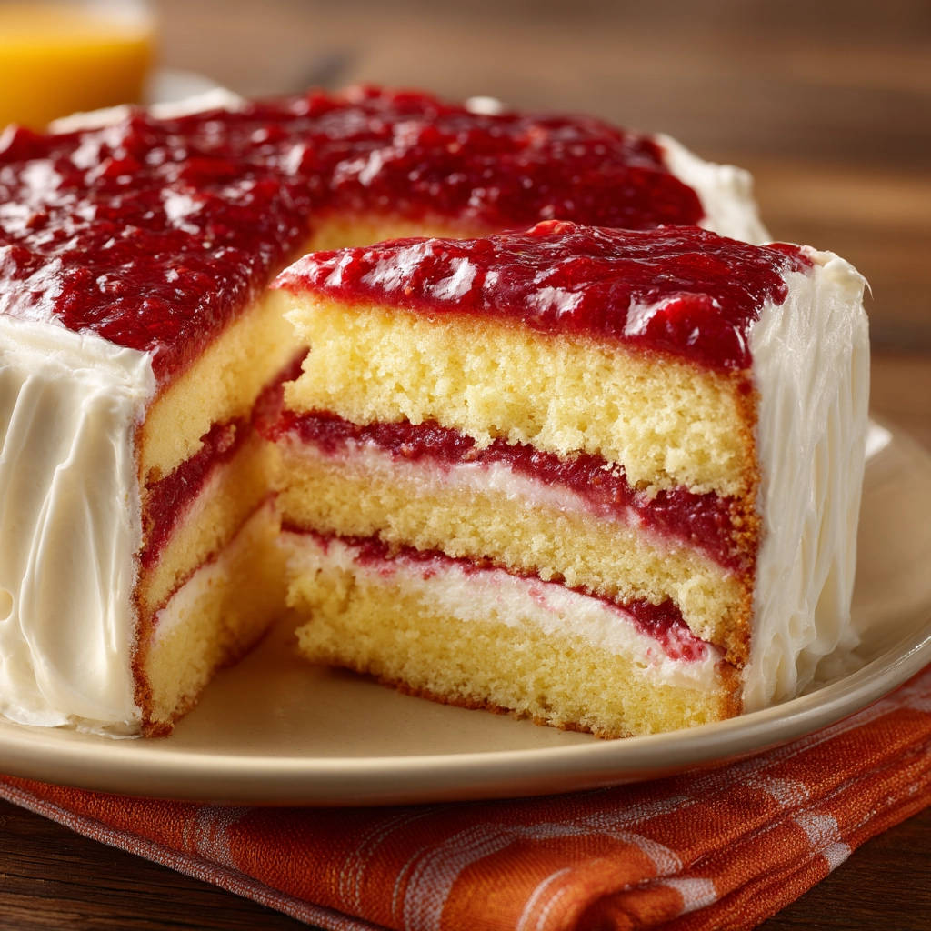 Himbeer-Sahne-Torte angeschnitten mit saftigem Biskuit und roter Marmelade, nahaufnahme der Schichten.