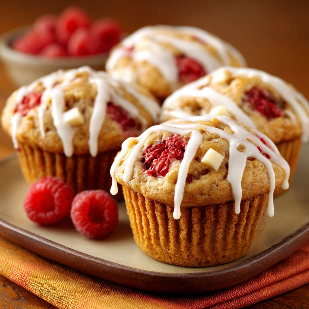 Himbeer-Schoko-Muffins mit Guss, eine Nahaufnahme zeigt die saftige Textur und weiße Schokoladenstücke.