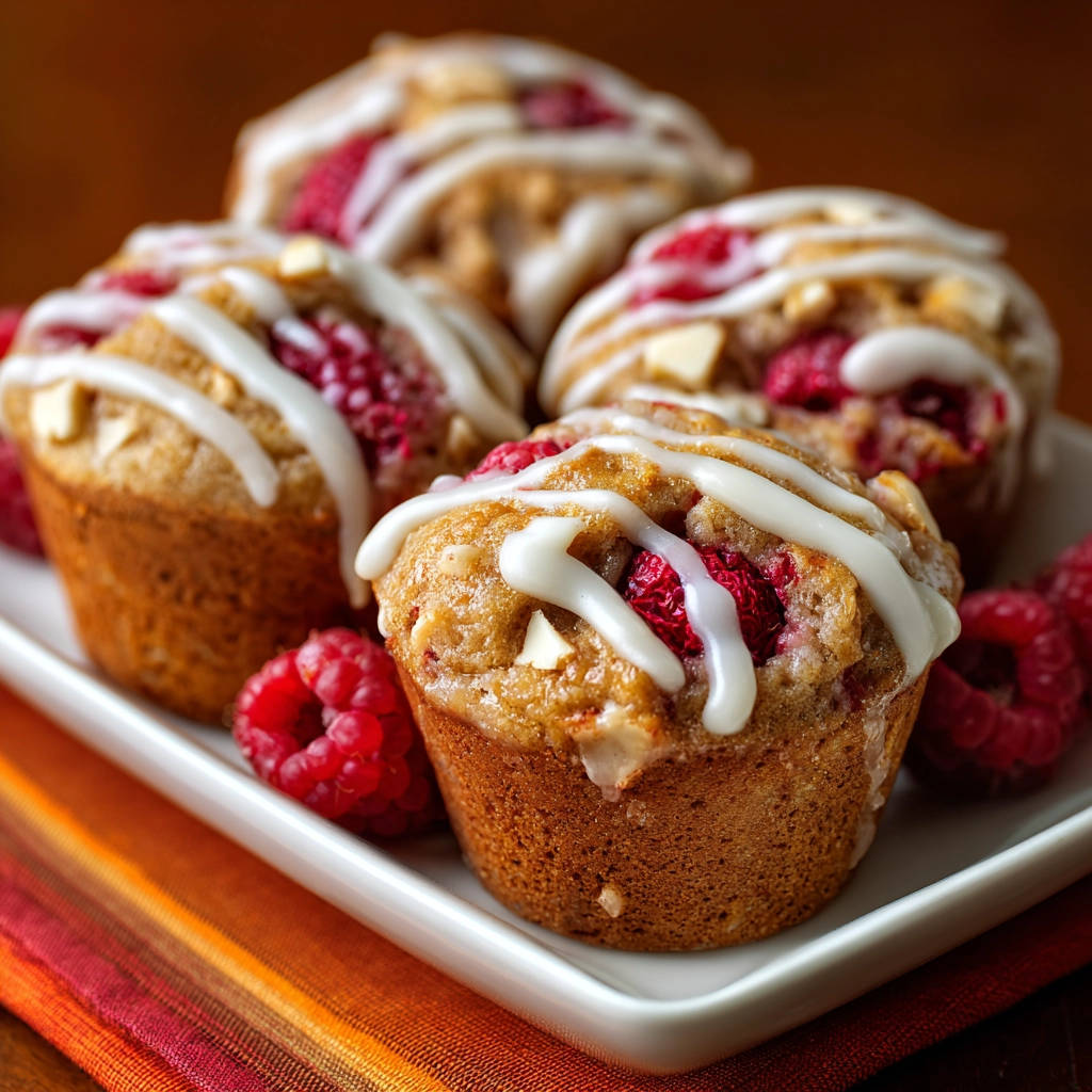 Himbeer-Schoko-Muffins mit Guss, Nahaufnahme der saftigen Muffins mit frischen Himbeeren und weißem Zuckerguss.