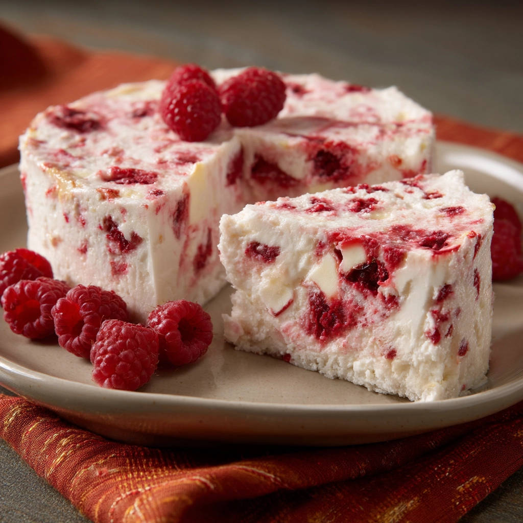 Himbeer-Weiße Schokolade Parfait angeschnitten, mit einem Stück herausgenommen, das die cremige Textur und Himbeeren zeigt.