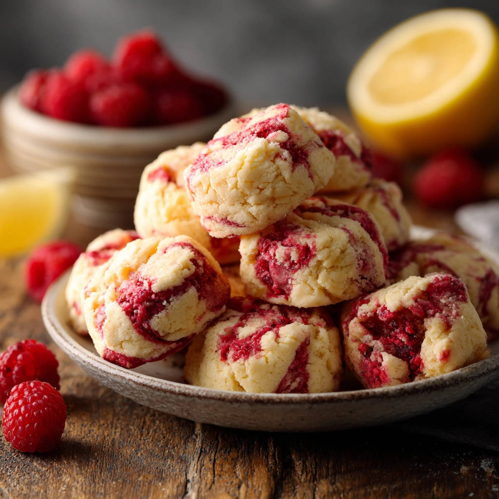 Himbeer-Zitronen Pinwheel Kekse auf einem Teller mit frischen Himbeeren und Zitronenscheiben, Nahaufnahme der Textur.