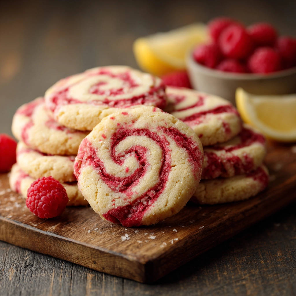 Himbeer-Zitronen Pinwheel Kekse als Nahaufnahme gestapelt mit frischen Himbeeren und Zitronenspalten.