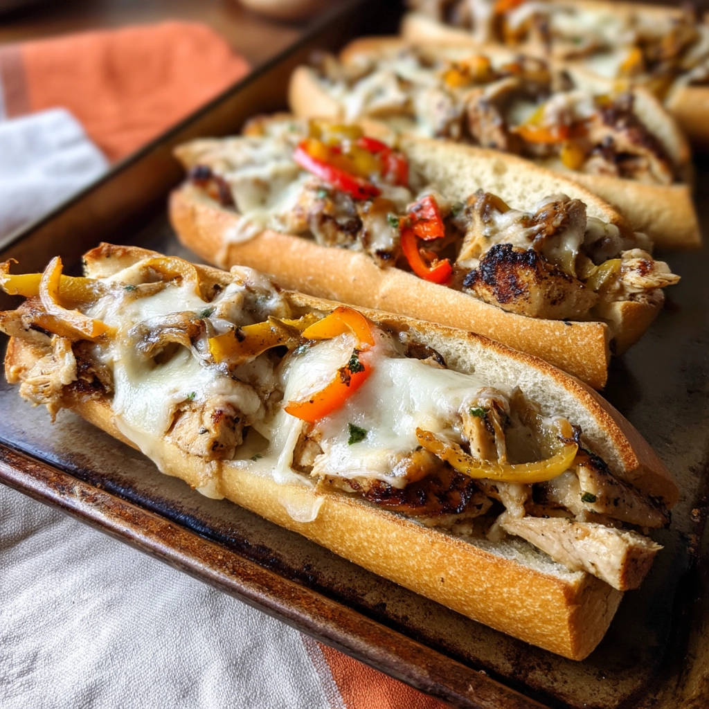 Überbackene Hähnchen-Paprika-Baguettes als Nahaufnahme auf einem Backblech, mit geschmolzenem Käse und Paprikastreifen.