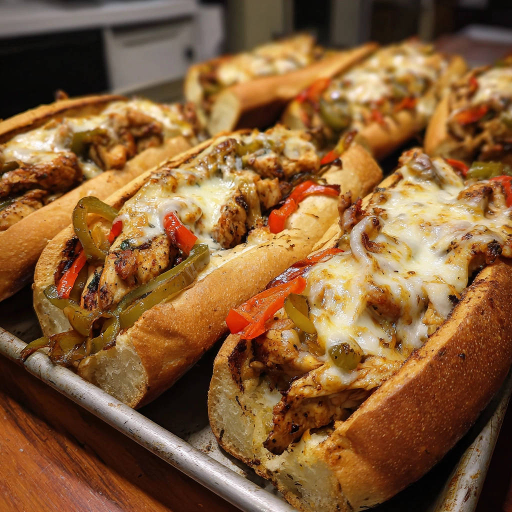 Überbackene Hähnchen-Paprika Subs mit geschmolzenem Käse, Nahaufnahme der saftigen Füllung auf einem Blech.