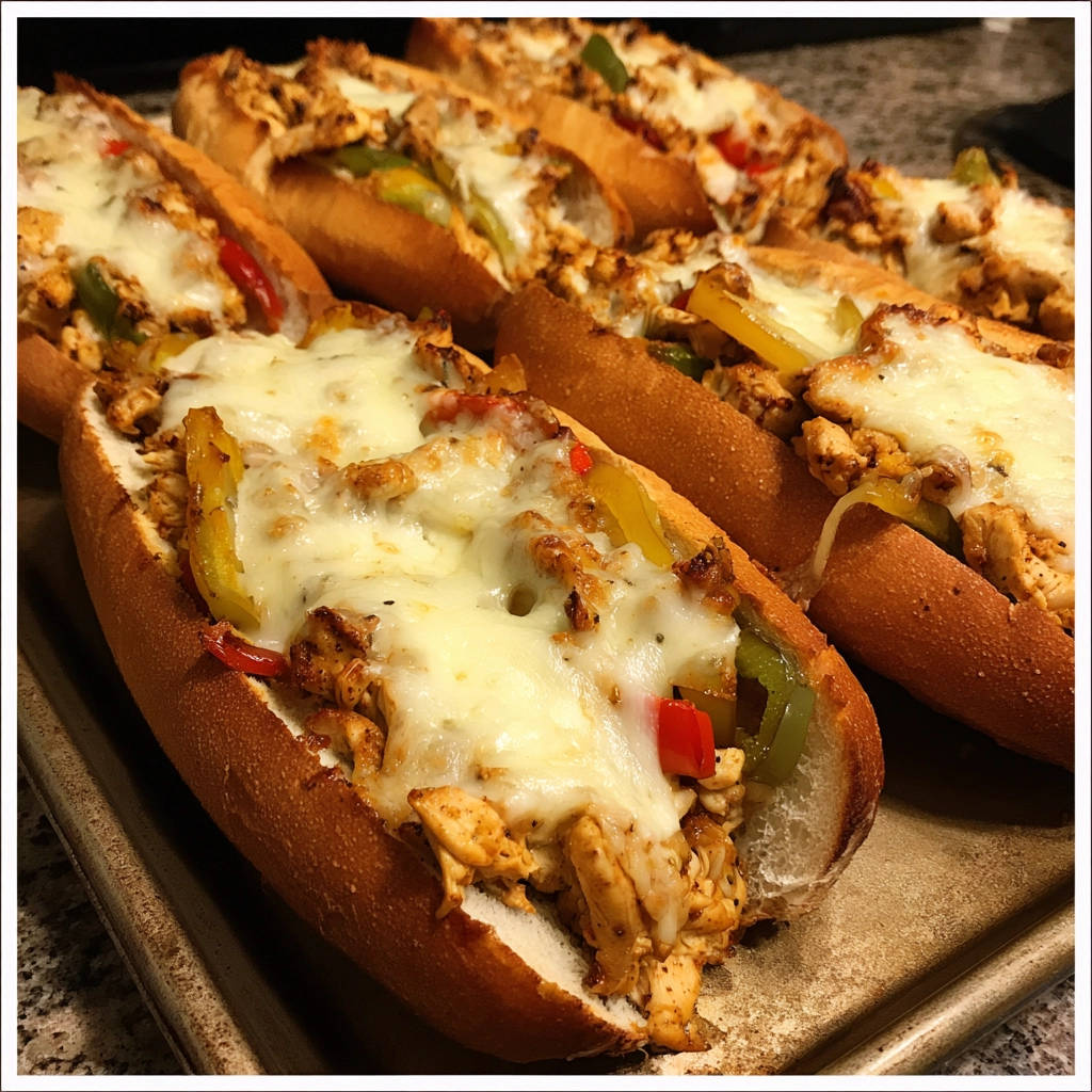 Überbackene Hähnchen-Paprika Subs mit geschmolzenem Käse auf gebackenen Brötchen, Nahaufnahme der Füllung.