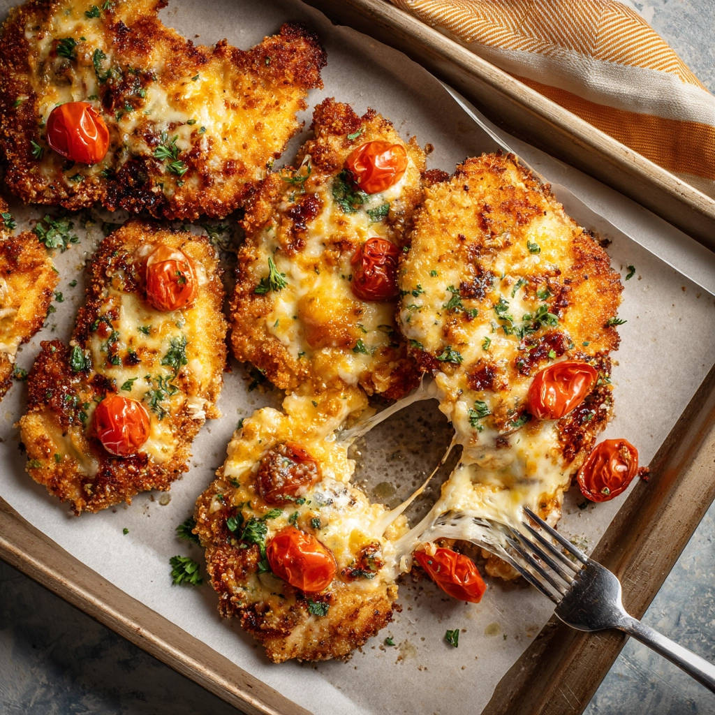 Überbackenes Hähnchenschnitzel mit Tomaten zeigt einen köstlichen Käseverlauf, der von einem Löffel hochgezogen wird.