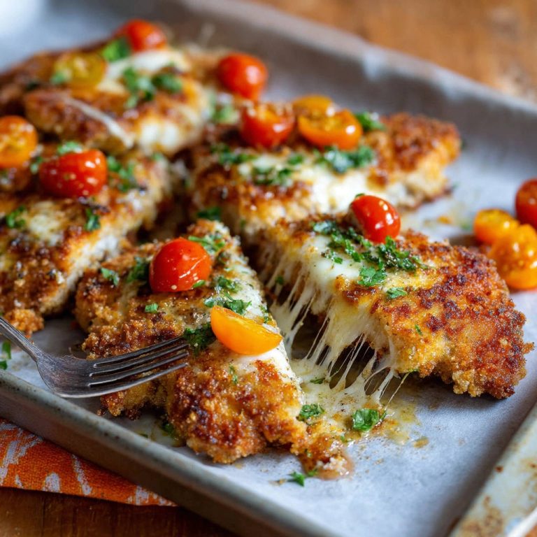 Überbackenes Hähnchenschnitzel mit Tomaten, angeschnitten und mit geschmolzenem Käse und Kirschtomaten garniert.