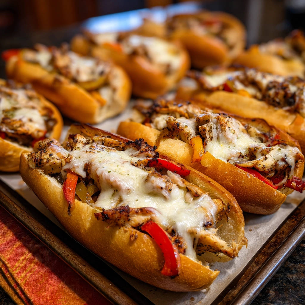 Überbackene Hähnchen-Paprika-Baguettes mit geschmolzenem Käse, nahaufnahme mit sichtbaren roten Paprikastreifen.