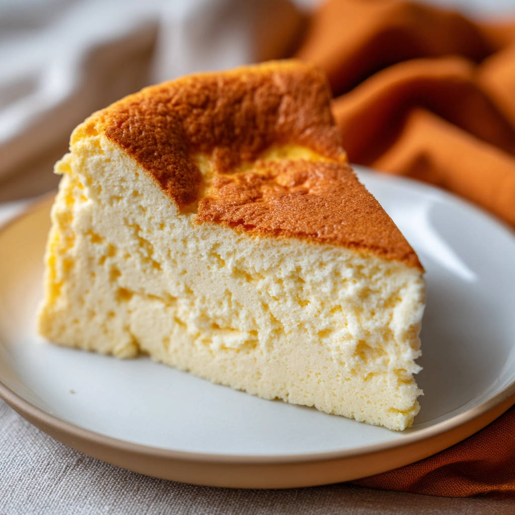 Japanischer Baumwoll-Käsekuchen als angeschnittene Scheibe auf einem Teller, mit seiner luftigen, weichen Textur im Detail sichtbar.