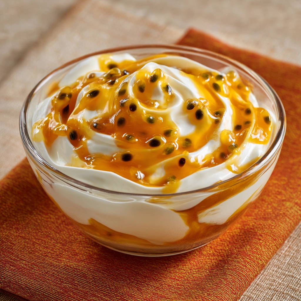 Joghurt mit Maracujasauce – eine Nahaufnahme der cremigen Textur und der saftigen Fruchtsauce mit Kernen.
