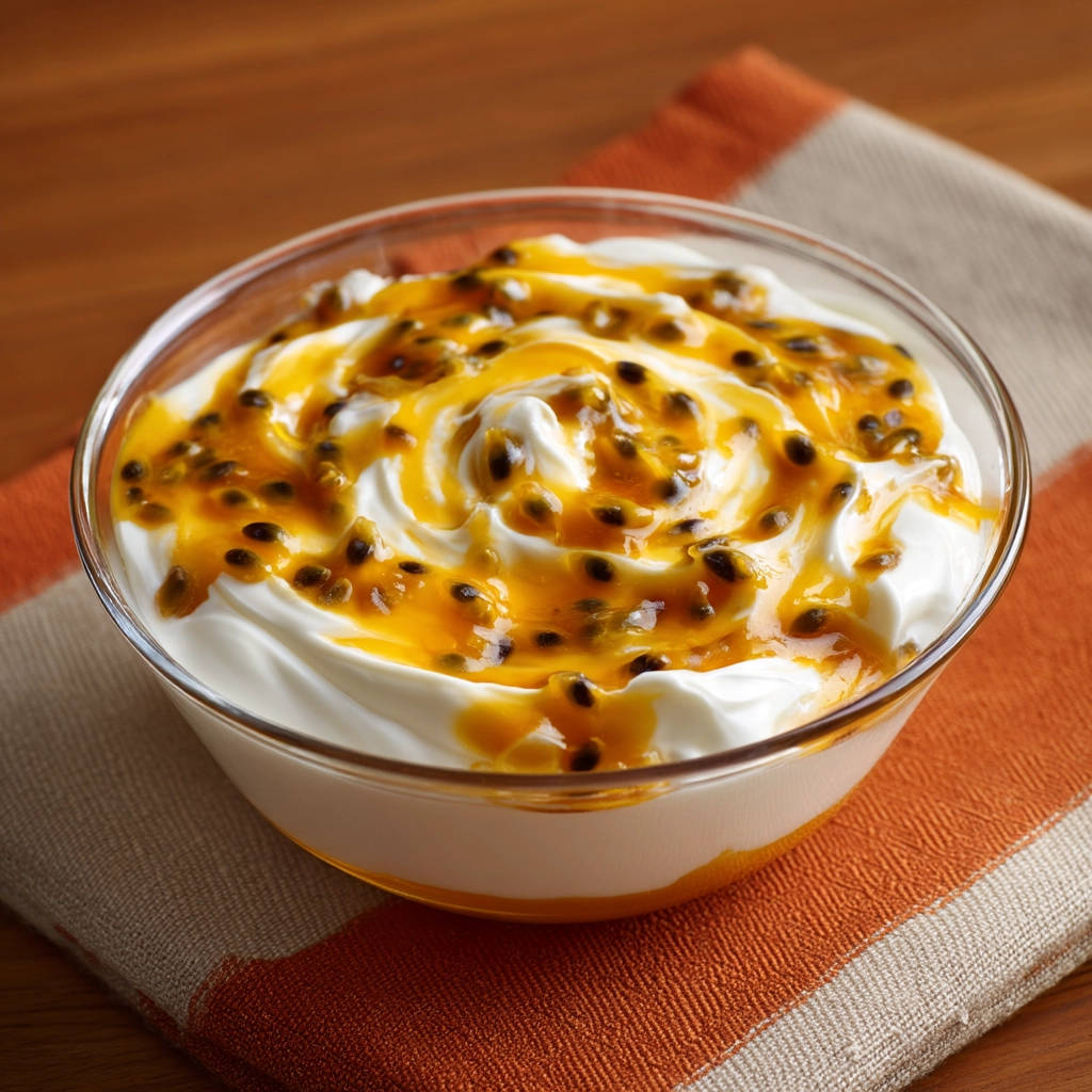 Joghurt mit Maracujasauce als Nahaufnahme des cremigen Joghurts mit dem süß-sauren Fruchttopping.