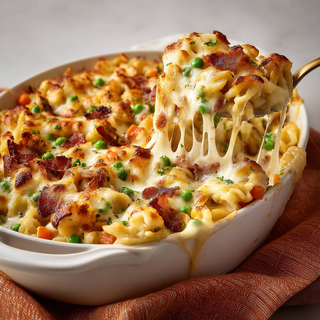 Käse-Blumenkohl-Auflauf mit Speck, eine Gabel hebt cremigen Käse, der Fäden zieht, aus dem Auflauf.