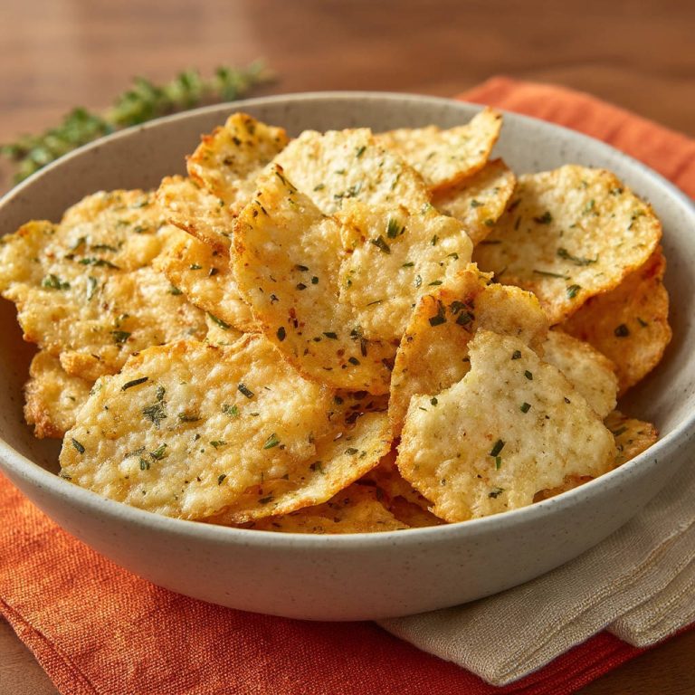 Käse-Chips aus dem Ofen als Nahaufnahme in einer Schüssel, garniert mit Kräutern und Gewürzen.