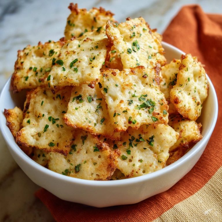 Perfekt knusprige Käse-Chips als Nahaufnahme in einer weißen Schüssel, bestreut mit Petersilie.