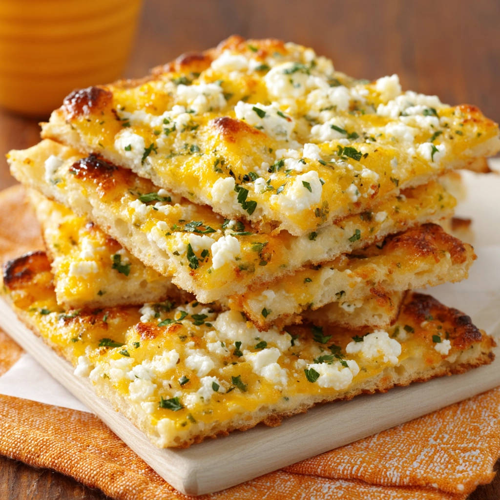 Einfache Käse-Focaccia vom Blech angeschnitten mit Käse und Kräutern, die fluffige Textur ist sichtbar