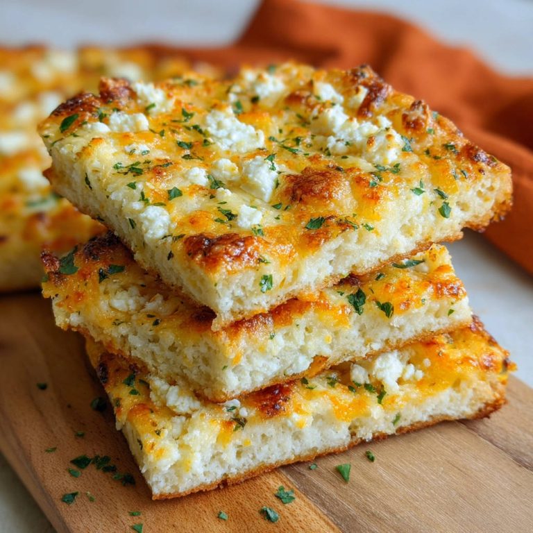Einfache Käse-Focaccia vom Blech, gestapelt in Scheiben mit zerbröseltem Käse und Petersilie obendrauf.