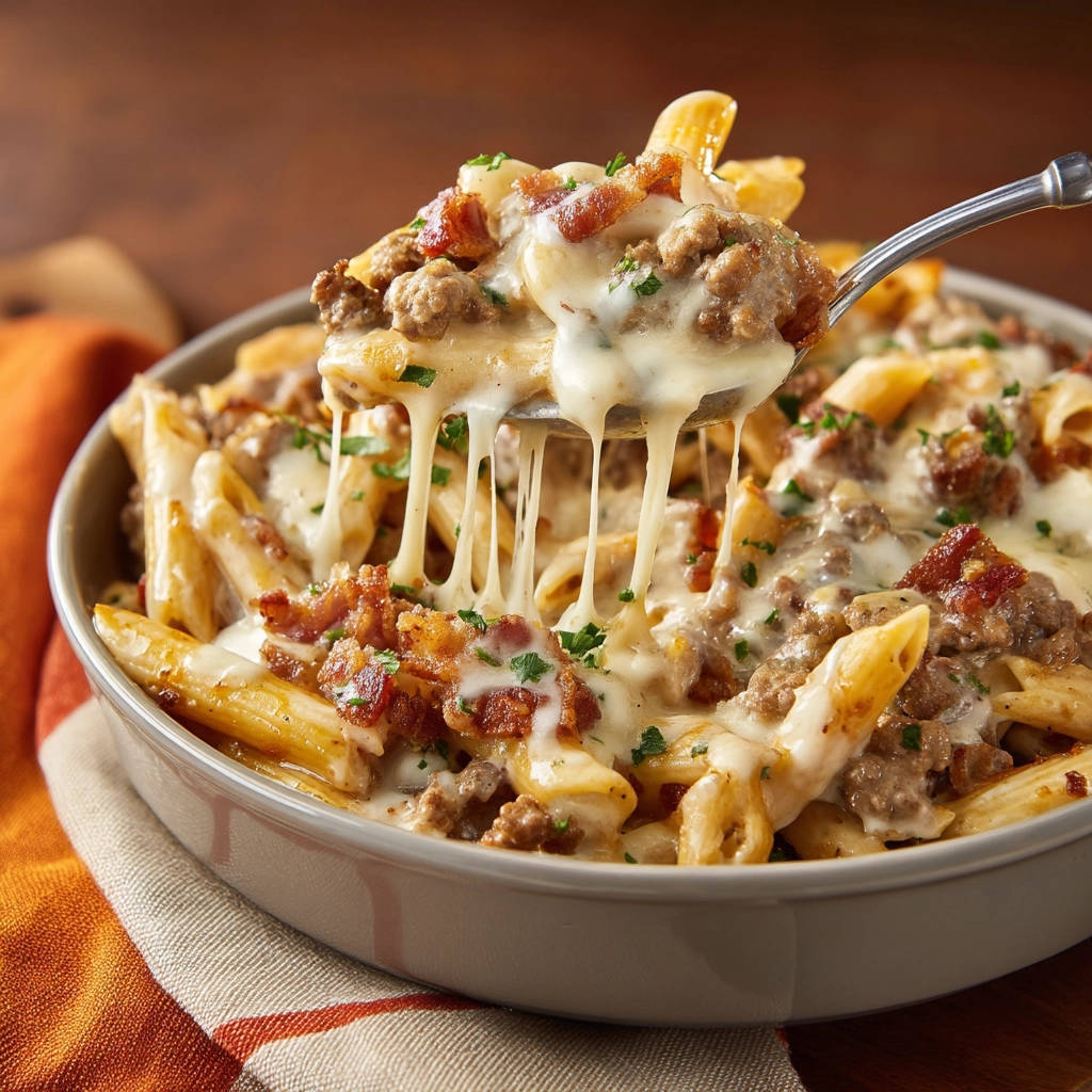 Käse-Hack-Pasta mit Speck, aus der Schüssel auf einer Gabel mit langem Käsezug