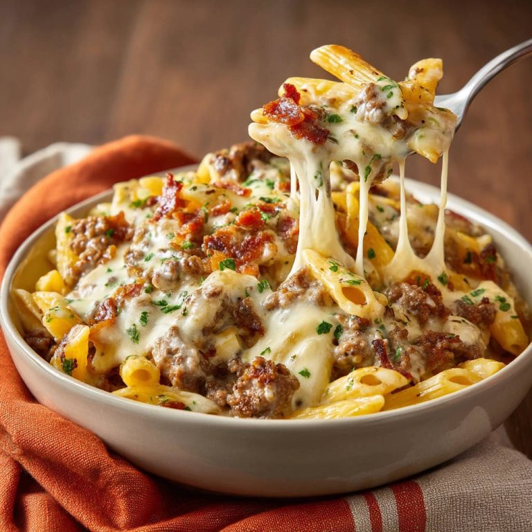 Käse-Hack-Pasta mit Speck, mit einem Löffel herausgehoben, wobei der geschmolzene Käse Fäden zieht